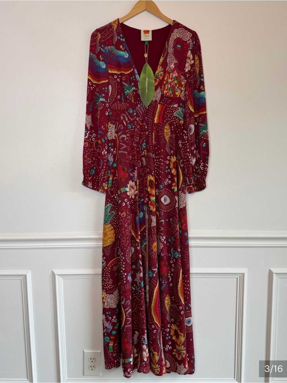 NWT FARM Rio Burgundy Borogodo Long Balloon Sleeve Maxi Dress Women’s Size Small - Picture 3 of 14